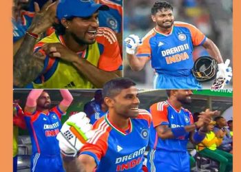 പതിവുപോലെ കൈ ചുരുട്ടി മസിലു പെരുപ്പിച്ച് സഞ്ജു; കൂട്ടിന് തിലകും, സൂര്യ കുമാറും