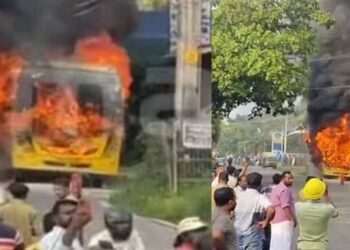 ഓടിക്കൊണ്ടിരുന്ന സ്കൂൾ ബസിനു തീപിടിച്ചു, തിരിച്ചു സ്കൂളിലേക്കുള്ള ട്രിപ്പായതിനാൽ ഒഴിവായത് വൻ ദുരന്തം, അപകട സ്ഥലത്തിനടുത്ത് പെട്രോൾ പമ്പും ട്രാന്സ്ഫോർമറും, ബസ് പൂർണമായും കത്തിനശിച്ചു