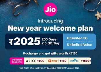 2025 രൂപയുടെ ന്യൂ ഇയര്‍ വെല്‍കം പ്ലാന്‍ അവതരിപ്പിച്ച് ജിയോ..!! 200 ദിവസത്തെ അണ്‍ലിമിറ്റഡ് 5ജി വോയ്‌സ്, എസ്എംഎസ്, ഡാറ്റ പ്ലാന്‍. 500 ജിബി 4ജി ഡാറ്റ സൗജന്യം. പ്രതിദിനം 2.5 ജിബി ഡാറ്റ…