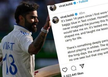 ”ടെസ്റ്റ് ക്രിക്കറ്റിൽ ഞാൻ ആദ്യമായി ബാഗി ബ്ലൂ ധരിച്ചിട്ട് 14 വർഷമായി, വെള്ളയിൽ കളിക്കുന്നതിൽ ആഴത്തിലുള്ള വ്യക്തിപരമായ എന്തോ ഒന്ന് ഉണ്ട്!! നിശബ്ദമായ തിരക്കുകൾ, നീണ്ട ദിവസങ്ങൾ… എനിക്കുള്ളതെല്ലാം ഞാൻ അതിന് നൽകി, എനിക്ക് പ്രതീക്ഷിക്കാവുന്നതിലും കൂടുതൽ അത് തിരികെ നൽകി”… 