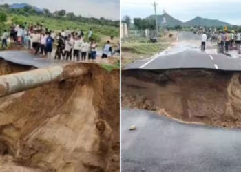 കനത്ത മഴയിൽ നദിയിലെ ജലനിരപ്പ് ഉയർന്നു; പുതിയതായി നിർമ്മിച്ച സംസ്ഥാനപാത ഉദ്ഘാടനത്തിന് മുമ്പ് ഒലിച്ചുപോയി