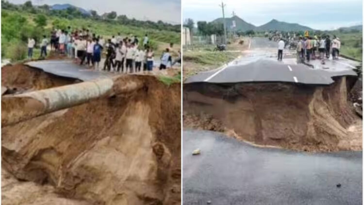 കനത്ത മഴയിൽ നദിയിലെ ജലനിരപ്പ് ഉയർന്നു; പുതിയതായി നിർമ്മിച്ച സംസ്ഥാനപാത ഉദ്ഘാടനത്തിന് മുമ്പ് ഒലിച്ചുപോയി