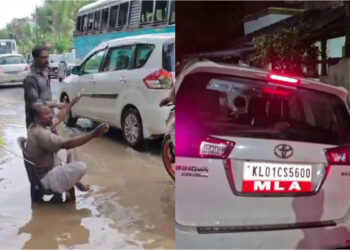 സ്വന്തം മണ്ഡലത്തിലെ കുഴിയിൽ വീണ് കെപിഎ മജീദ് എംഎൽഎ; കാർ വലിച്ചു കയറ്റിയത് നാട്ടുകാർ, നടുറോഡിൽ കസേരയിട്ടിരുന്ന് പ്രതിഷേധം