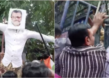 സുരേഷ് ഗോപിയുടെ മാടൻനടയിലുള്ള കുടുംബ വീട്ടിലേക്ക് യൂത്ത് കോൺഗ്രസ്‌ മാർച്ച്; കോലം കത്തിച്ചു