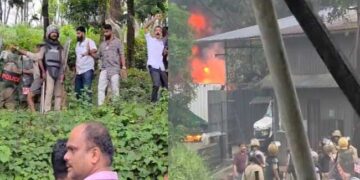 അറവ് മാലിന്യ സംസ്കരണശാലയ്ക്കെതിരെ നടത്തിയ ജനകീയ സമരം അക്രമാസക്തം, ഫാക്ടറിക്ക് തീയിട്ട് പ്രതിഷേധക്കാർ, റൂറൽ എസ്പിയ്ക്ക് നേരെ കല്ലേറ്, പ്രതിഷേധക്കാരെ ഓടിക്കാൻ ഗ്രനേഡ് പ്രയോഗിച്ച് പോലീസ്