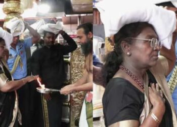 ഇരുമുടിക്കെട്ടുമായി പതിനെട്ടാം പടി കയറി; പൂർണകുംഭം നൽകി സ്വീകരിച്ച് തന്ത്രി; അയ്യനെ കണ്ട് മനം നിറഞ്ഞ് രാഷ്ട്രപതി