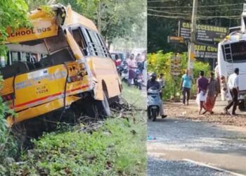 വിദ്യാർഥിയെ കയറ്റാൻ നിർത്തിയ സ്കൂൾ ബസിനു പിന്നിൽ ശബരിമല തീർഥാടകർ സഞ്ചരിച്ച വാഹനം ഇടിച്ചു!! ബസ് ഓടയിലേക്കു മറിഞ്ഞു, നിയന്ത്രണംവിട്ട തീർഥാടക വാഹനം സമീപത്തെ കടയിലേക്ക് ഇടിച്ചുകയറി, ഒരാൾ റോഡിലേക്ക് തെറിച്ചുവീണു, നാലു വിദ്യാർഥികൾക്ക് പരുക്ക്