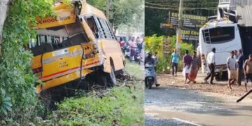 വിദ്യാർഥിയെ കയറ്റാൻ നിർത്തിയ സ്കൂൾ ബസിനു പിന്നിൽ ശബരിമല തീർഥാടകർ സഞ്ചരിച്ച വാഹനം ഇടിച്ചു!! ബസ് ഓടയിലേക്കു മറിഞ്ഞു, നിയന്ത്രണംവിട്ട തീർഥാടക വാഹനം സമീപത്തെ കടയിലേക്ക് ഇടിച്ചുകയറി, ഒരാൾ റോഡിലേക്ക് തെറിച്ചുവീണു, നാലു വിദ്യാർഥികൾക്ക് പരുക്ക്