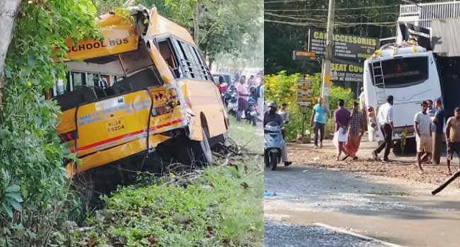 വിദ്യാർഥിയെ കയറ്റാൻ നിർത്തിയ സ്കൂൾ ബസിനു പിന്നിൽ ശബരിമല തീർഥാടകർ സഞ്ചരിച്ച വാഹനം ഇടിച്ചു!! ബസ് ഓടയിലേക്കു മറിഞ്ഞു, നിയന്ത്രണംവിട്ട തീർഥാടക വാഹനം സമീപത്തെ കടയിലേക്ക് ഇടിച്ചുകയറി, ഒരാൾ റോഡിലേക്ക് തെറിച്ചുവീണു, നാലു വിദ്യാർഥികൾക്ക് പരുക്ക്