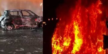 കാറിൽ നിന്ന് പുക ഉയരുന്നതു കണ്ട് പിന്നാലെ വന്ന വാഹന യാത്രികർ വാഹനം നിർത്തി ഓടിയിറങ്ങാൻ ആവശ്യപ്പെ‌ട്ടു, കുടുംബം ഇറങ്ങിയയുടൻ കാർ അ​ഗ്നിക്കിരയായി, സിപിഎം സംസ്ഥാന സമിതിയംഗം സി.ബി. ചന്ദ്രബാബുവും കുടുംബവും രക്ഷപ്പെട്ടത് തലനാരിഴയ്ക്ക്, തൊട്ടടുത്തുള്ള ട്രാൻസ്‌ഫോർ അധികൃതർ പെട്ടെന്ന് ഓഫാക്കിയതിനാൽ ഒഴിവായത് വൻ അപകടം