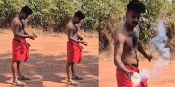 നേതാക്കൾ പറഞ്ഞ ഓലപ്പടക്കത്തിന് തേങ്ങയുടെ വലിപ്പമോ?… വിബിൻ രാജിന്റെ മൂന്നു കൈരലുകൾ അറ്റത് സ്ഫോടക വസ്തുവിന് തീ കൊടുക്കന്നതിനിടെ ദൃശ്യങ്ങൾ പുറത്ത്, വിബിൻ രാജ് കോൺ​ഗ്രസ് ഓഫിസ് പെട്രോളൊഴിച്ച് കത്തിക്കാൻ ശ്രമിച്ചതുൾപ്പെടെ 3 കേസുകളിൽ പ്രതി