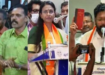 ഭരണഘടന ഉയർത്തിപ്പിടിച്ച് കെഎസ് ശബരീനാഥനും യുഡിഎഫ് അം​ഗങ്ങളും, ശരണംവിളികളുമായി മേരിപുഷ്പവും ആശാനാഥും!! ആർ. ശ്രീലേഖ സത്യപ്രതിജ്ഞ പൂർത്തിയാക്കിയത് വന്ദേമാതരം മുഴക്കി, കരമന അജിത്ത് സത്യപ്രതിജ്ഞ ചൊല്ലിയത് സംസ്‌കൃതത്തിൽ… ഗണഗീതം ആലപിച്ച് ബിജെപി അംഗങ്ങൾ