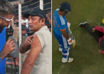 സഞ്ജുവിന്റെ കൂറ്റനടിയിൽ നിലതെറ്റിവീണ് രോഹൻ പണ്ഡിറ്റ്, സഹായത്തിനെ മെഡിക്കൽ സംഘത്തെ വിളിച്ച് മലയാളി താരം!! പാണ്ഡ്യയുടെ കൂറ്റൻ സിക്സർ പതിച്ചത് ക്യാമറാമാന്റെ ദേഹത്ത്… മത്സര ശേഷം ഐസ്ബാ​ഗുമായി പരുക്കേറ്റയാൾക്കരികിലേക്ക് ഓടിയെത്തി പാണ്ഡ്യ- വീഡിയോ