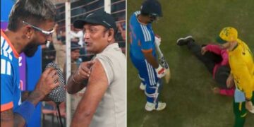 സഞ്ജുവിന്റെ കൂറ്റനടിയിൽ നിലതെറ്റിവീണ് രോഹൻ പണ്ഡിറ്റ്, സഹായത്തിനെ മെഡിക്കൽ സംഘത്തെ വിളിച്ച് മലയാളി താരം!! പാണ്ഡ്യയുടെ കൂറ്റൻ സിക്സർ പതിച്ചത് ക്യാമറാമാന്റെ ദേഹത്ത്… മത്സര ശേഷം ഐസ്ബാ​ഗുമായി പരുക്കേറ്റയാൾക്കരികിലേക്ക് ഓടിയെത്തി പാണ്ഡ്യ- വീഡിയോ