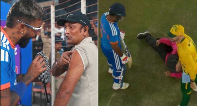 സഞ്ജുവിന്റെ കൂറ്റനടിയിൽ നിലതെറ്റിവീണ് രോഹൻ പണ്ഡിറ്റ്, സഹായത്തിനെ മെഡിക്കൽ സംഘത്തെ വിളിച്ച് മലയാളി താരം!! പാണ്ഡ്യയുടെ കൂറ്റൻ സിക്സർ പതിച്ചത് ക്യാമറാമാന്റെ ദേഹത്ത്… മത്സര ശേഷം ഐസ്ബാ​ഗുമായി പരുക്കേറ്റയാൾക്കരികിലേക്ക് ഓടിയെത്തി പാണ്ഡ്യ- വീഡിയോ