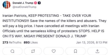 സമാധാനപരമായ പ്രതിഷേധക്കാരെ ഹിംസാത്മകമായി കൊന്നാൽ അമേരിക്ക പ്രതികരിക്കും… ഇറാനിയൻ ദേശാഭിമാനികളേ, പ്രതിഷേധം തുടരൂ, നിങ്ങളുടെ സ്ഥാപനങ്ങൾ കൈയ്യടക്കൂ, കൊലയാളികളുടെയും പീഡകരുടെയും പേരുകൾ സൂക്ഷിക്കുക… അവർ വലിയ വില കൊടുക്കും, സഹായം പിന്നാലെയെത്തും- ട്രംപ്!! ഇറാനിലെ പ്രതിഷേധങ്ങളിൽ ‘വിദേശ അട്ടിമറി’, കടുത്ത മുന്നറിയിപ്പുമായി റഷ്യ