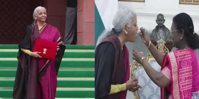 പർപ്പിൾ കളറിൽ സ്വർണ നിറത്തിലുള്ള കള്ളികളും കോഫി ബ്രൗൺ കസവുമുള്ള സാരിയിൽ ബജറ്റ് അവതരണത്തിന് ധനമന്ത്രി, മധുരം നൽകി സ്വീകരിച്ച് രാഷ്ട്രപതി, കേന്ദ്ര ബജറ്റ് രാവിലെ 11ന്, തുടർച്ചയായ 9 ബജറ്റ് അവതരിപ്പിക്കുന്ന ധനമന്ത്രിയെന്ന ചരിത്ര നേട്ടം ഇനി നിർമ്മല സീതാമന്!! എയിംസും അതിവേ​ഗ റെയിൽ പാതയുമടക്കം ഒരു പിടി പ്രതീക്ഷയിൽ കേരളം