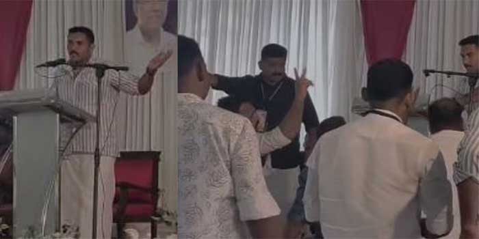 ‘സമയം കഴിഞ്ഞു, നിർത്തിക്കോ’….’മൈക്കിൽ പിടിച്ചു വലിക്കരുത്… പറയാനുള്ളത് പറഞ്ഞിട്ടേ പോകൂ, ഇനിയിപ്പോ സ്ഥലം മാറ്റിയാലും സസ്പെൻഡ് ചെയ്താലും പറയാനുള്ള കാര്യങ്ങൾ പറഞ്ഞിട്ടേപോകൂ’—പോലീസ് അസോസിയേഷൻ സമ്മേളനത്തിനിടെ സംഘർഷം,  മൈക്ക് പിടിച്ചുമേടിക്കാൻ ശ്രമിച്ചത് എസ്എഫ്ഐക്കാർ പോലീസുകാരനെ ആക്രമിച്ച സംഭവം സംസാരിക്കുന്നതിനിടെ