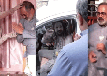 തിരുവനന്തപുരം ബിജെപി ഓഫിസ് സന്ദർശിച്ച് ‘അഘോരി’ സന്യാസി സംഘം;  തെരഞ്ഞെടുപ്പ് പ്രചരണ സ്ഥലത്തായിരുന്ന രാജീവ് ചന്ദ്രശേഖറിനടുത്തെത്തി അനുഗ്രഹിച്ചു