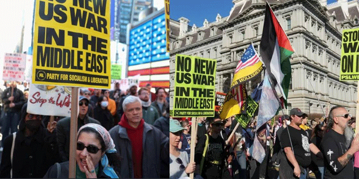 ട്രംപിനെതിരെ മുദ്രാവാക്യവുമായി തെരുവിലിറങ്ങി ജനങ്ങൾ;  ‘ആക്രമണ നടപടികളിൽ നിന്നും യുഎസ് പിന്മാറണം; ആക്രമണങ്ങൾക്ക് പണം ചെലവഴിക്കുന്നതിന്  അത് വിദ്യാഭ്യാസ മേഖലയിലോ ആഭ്യന്തര വളർച്ചയ്‌ക്കോ വിനിയോഗിക്കണം‘