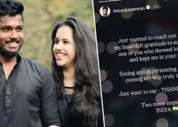 “എല്ലാവർക്കും… നന്ദി എന്ന് മാത്രം പറയാൻ ഞാൻ ആഗ്രഹിക്കുന്നു, ഇനി രണ്ട് ചുവടുകൾ കൂടി.. ഇന്ത്യ’’- സഞ്ജു!! ‘എന്റെ ഭർത്താവിന്റെ പേര് വിശ്വാസത്തോടെ മന്ത്രിച്ച ഓരോരുത്തരോടും… പകരമൊന്നും പ്രതീക്ഷിക്കാതെ സ്നേഹം പ്രകടിപ്പിക്കുന്നവരോടും… എനിക്ക് നൽകാൻ കഴിയുന്ന ഏറ്റവും ആത്മാർഥമായ നന്ദി പറയുന്നു’- ചാരു