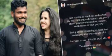 “എല്ലാവർക്കും… നന്ദി എന്ന് മാത്രം പറയാൻ ഞാൻ ആഗ്രഹിക്കുന്നു, ഇനി രണ്ട് ചുവടുകൾ കൂടി.. ഇന്ത്യ’’- സഞ്ജു!! ‘എന്റെ ഭർത്താവിന്റെ പേര് വിശ്വാസത്തോടെ മന്ത്രിച്ച ഓരോരുത്തരോടും… പകരമൊന്നും പ്രതീക്ഷിക്കാതെ സ്നേഹം പ്രകടിപ്പിക്കുന്നവരോടും… എനിക്ക് നൽകാൻ കഴിയുന്ന ഏറ്റവും ആത്മാർഥമായ നന്ദി പറയുന്നു’- ചാരു