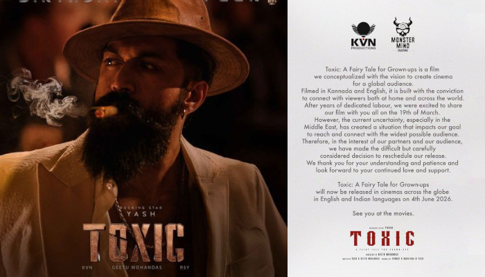 യഷിന്റെ ആക്ഷൻ ഡ്രാമ ചിത്രം ‘ടോക്സിക്: എ ഫെയറി ടെയിൽ ഫോർ ഗ്രോൺ-അപ്സ് റിലീസ് ജൂൺ നാലിലേക്ക് മാറ്റി