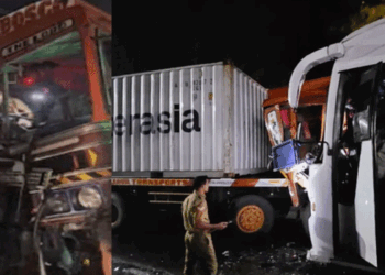 പൊലീസുകാർ സഞ്ചരിച്ച ബസ് കണ്ടെയ്‌നർ ലോറിയുമായി കൂട്ടിയിടിച്ചു, നിരവധി പേർക്ക് പരിക്ക്