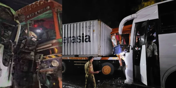 പൊലീസുകാർ സഞ്ചരിച്ച ബസ് കണ്ടെയ്‌നർ ലോറിയുമായി കൂട്ടിയിടിച്ചു, നിരവധി പേർക്ക് പരിക്ക്