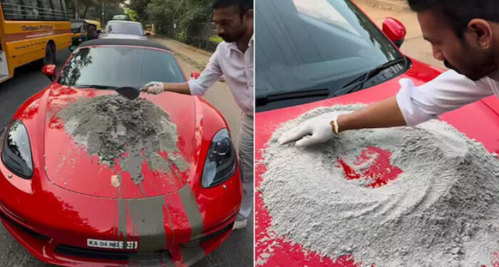 കോട്ടും കണ്ണടയും ഊരിവച്ച് പോർഷെയുടെ ബോണറ്റിൽവെച്ച് സിമന്റ് കുഴച്ചു, പിന്നാലെ റോഡിലെ കുഴിയടച്ചു, വൈറലായി യുവാവിന്റെ വീഡിയോ, വെറും ഷോയെന്ന് സോഷ്യല്‍ മീഡിയ