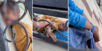 അഞ്ച് വയസുകാരിയുടെ കയ്യും കാലും തുണികൊണ്ട്  ഇരുമ്പ് ​ഗേറ്റിൽ കെട്ടിയിട്ടു, അയല്‍ക്കാര്‍ രക്ഷിക്കാന്‍ ശ്രമിക്കുന്നതിനിടെ കുട്ടിയെ പിടിച്ചുവലിച്ച് വീടിനകത്ത് കയറ്റി, പൊലീസുകാരിയായ മുത്തശ്ശിക്ക് സസ്പെൻഷൻ