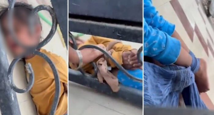 അഞ്ച് വയസുകാരിയുടെ കയ്യും കാലും തുണികൊണ്ട്  ഇരുമ്പ് ​ഗേറ്റിൽ കെട്ടിയിട്ടു, അയല്‍ക്കാര്‍ രക്ഷിക്കാന്‍ ശ്രമിക്കുന്നതിനിടെ കുട്ടിയെ പിടിച്ചുവലിച്ച് വീടിനകത്ത് കയറ്റി, പൊലീസുകാരിയായ മുത്തശ്ശിക്ക് സസ്പെൻഷൻ