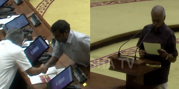 സത്യപ്രതിജ്ഞയ്ക്കായി നടുത്തളത്തിലിറങ്ങിയ വിമത എംഎൽഎമാരെ യുഡിഎഫ് അം​ഗങ്ങൾ കരഘോഷത്തോടെ വരവേറ്റു; ​ഗോവിന്ദൻ വക പിണറായിയ്ക്ക് ഷേക്ക് ഹാൻഡ്; പ്രതിപക്ഷ നേതാവിനെ അഭിവാദ്യം ചെയ്ത് കുഞ്ഞിക്കൃഷ്ണനും