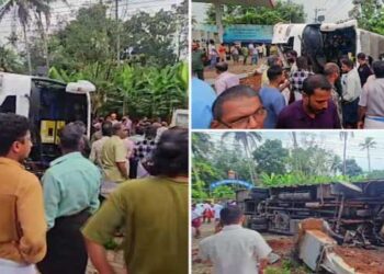 ഇരുചക്ര യാത്രികൻ അശ്രദ്ധമായി വാഹനം പമ്പിലേക്ക് കയറ്റാൻ ശ്രമിക്കുന്നതിടെ രക്ഷിക്കുന്നതിനായി ടൂറിസ്റ്റ് ബസ് വെട്ടിച്ചുമാറ്റി, നിയന്ത്രണം വി‌ട്ട് വിവാ​ഹ സം​ഘം സഞ്ചരിച്ച ബസ് പെട്രോൾ പമ്പിന്റെ മുൻ ഭാ​ഗത്ത് ഇടിച്ചുകയറി മറിഞ്ഞു, 35 പേർക്ക് പരുക്ക്, നാലുപേരുടെ നില ​ഗുരുതരം- Video