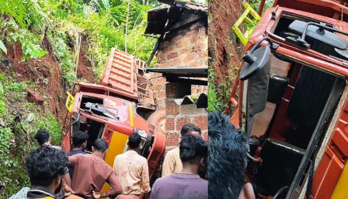 ലോറി നിയന്ത്രണംവിട്ട് വീടിന് മുകളിലേക്ക് മറിഞ്ഞു, ഡ്രൈവര്ക്ക് ദാരുണാന്ത്യം, വീടിന്റെ അടുക്കള പൂർണ്ണമായി തകർന്നു