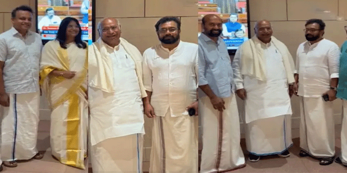 ‘ഞങ്ങളുടെ വേഷം ഞങ്ങളുടെ സംസ്കാരമാണ്, അഭിമാനമാണ്;സുസ്മിത ദേവിന്റെ ‘ലുങ്കിവാല’ പരാമർശത്തിൽ മുണ്ടുടുത്ത് പ്രതിഷേധിച്ച് ഖാർഗെയു ബ്രിട്ടാസ്; കൂടെ മല്ലികാർജ്ജുൻ ഖാർഗെയും കേരള, തമിഴ്നാട് എംപിമാരും