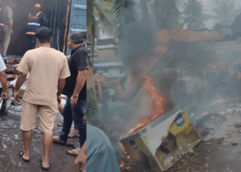 വൈദ്യുതി കമ്പിയിൽ തട്ടി കണ്ടെയ്നർ ലോറിയിൽ തീപിടിച്ചു; 30ലേറെ ഫ്രിഡ്ജുകൾ കത്തിനശിച്ചു, തലനാരിഴയ്ക്ക് രക്ഷപ്പെട്ട് ഡ്രൈവറും ക്ലീനറും