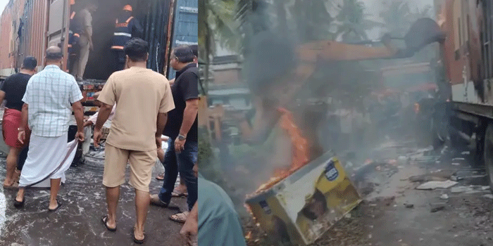 വൈദ്യുതി കമ്പിയിൽ തട്ടി കണ്ടെയ്നർ ലോറിയിൽ തീപിടിച്ചു; 30ലേറെ ഫ്രിഡ്ജുകൾ കത്തിനശിച്ചു, തലനാരിഴയ്ക്ക് രക്ഷപ്പെട്ട് ഡ്രൈവറും ക്ലീനറും