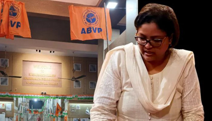 മുസ്ലിം വൈസ് പ്രിന്സിപ്പാലിനെ മണിക്കൂറുകളോളം തടഞ്ഞുവച്ചു, നിര്ബന്ധിച്ച് രാജിവയ്പ്പിച്ചു, പിന്നാലെ ഗംഗാജലം തളിച്ച് ചേമ്പര് ശുദ്ധീകരിച്ച് എബിവിപി പ്രവര്ത്തകര്