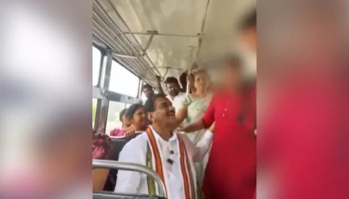 ബസില് വച്ച് പെൺകുട്ടിയുടെ ഇടുപ്പിലൂടെ കൈയ്യിട്ട് കോണ്ഗ്രസ് എംഎല്എ, പിതൃവാത്സല്യമെന്ന് ന്യായീകരണം, സ്ത്രീകളെ അപമാനിക്കുന്ന കാര്യത്തിൽ ബി.ജെ.പിയും കോൺഗ്രസും പരസ്പരം മത്സരിക്കുകയാണെന്ന് ബിആർഎസ്